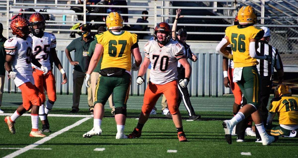 Merced High defensive tackle Jack Dunbar reacts after making a tackle-for-loss during Merced’s 49-21 loss to Vanden in the Sac-Joaquin Section Division IV championship game at St. Mary’s High School in Stockton, Calif. on Saturday, Nov. 27, 2021.