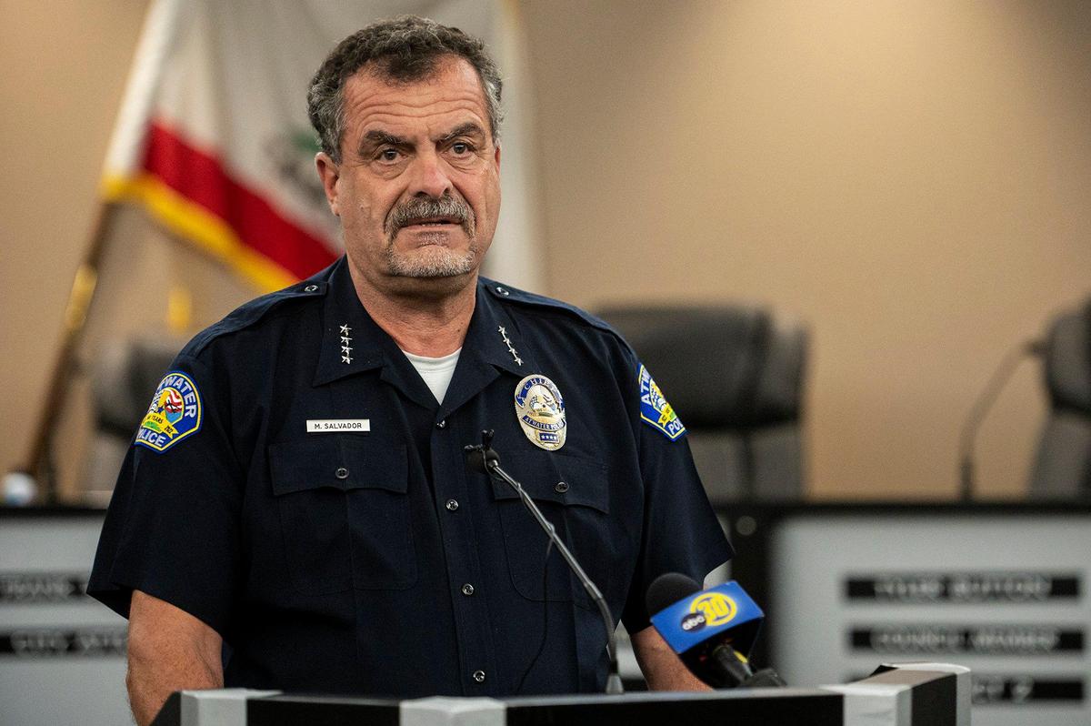 Atwater Police Chief Michael Salvador releases information during a news conference regarding an officer-involved shooting that resulted in the death of a suspect in Atwater, Calif., on Monday, Aug. 14, 2023. Police said the suspect was shot and killed by the officer Sunday evening after allegedly pointing a gun at the officer during a foot chase.