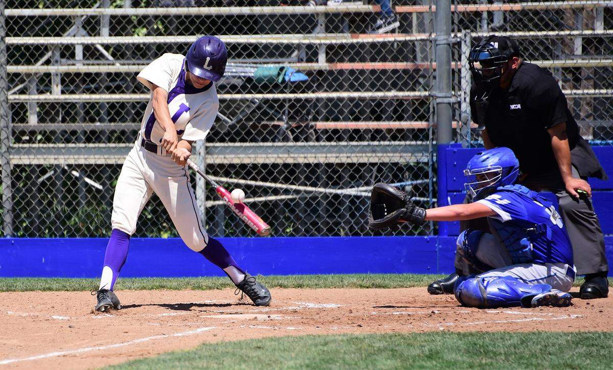 Livingston High junior Cooper Winton makes contact with a pitch during a 5-2 loss to Mountain House on Wednesday, April 24, 2019 at Memorial Ballpark in Atwater, Calif.