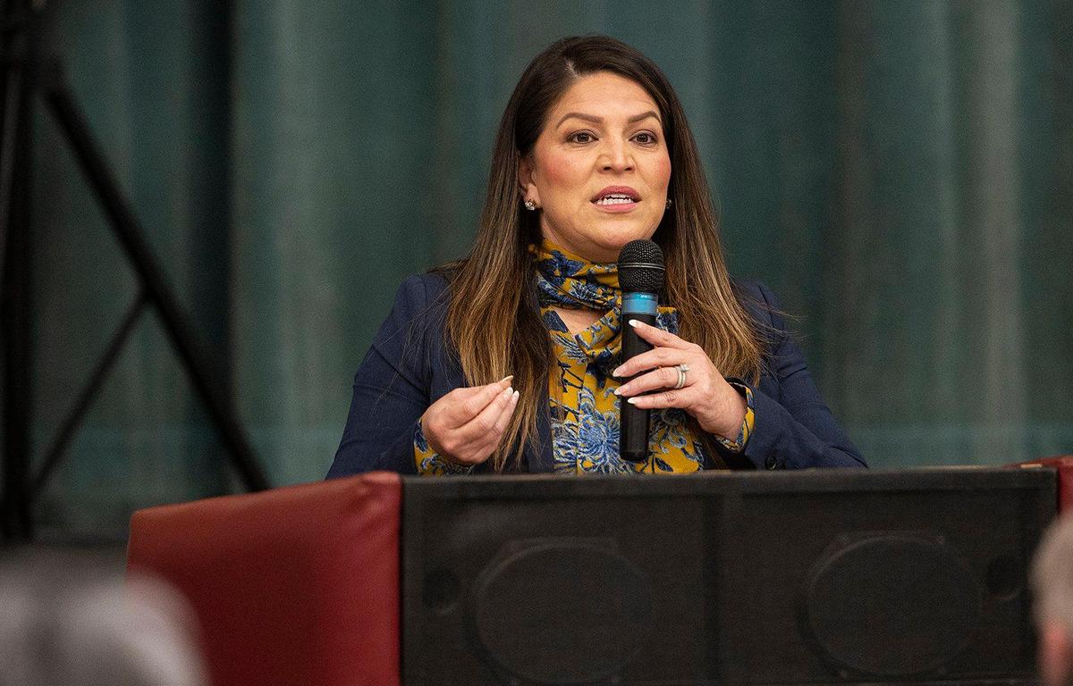 California State Assemblymember Esmeralda Soria speaks during a groundbreaking ceremony on the campus of Delhi High School in Delhi, Calif., on Tuesday, Feb. 21, 2023.