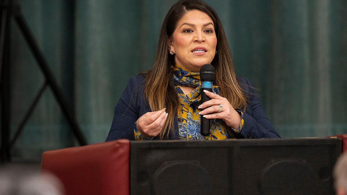 California State Assemblymember Esmeralda Soria, here speaking at a groundbreaking event at Delhi High School in February, was selected to chair the Assembly Agriculture Committee.