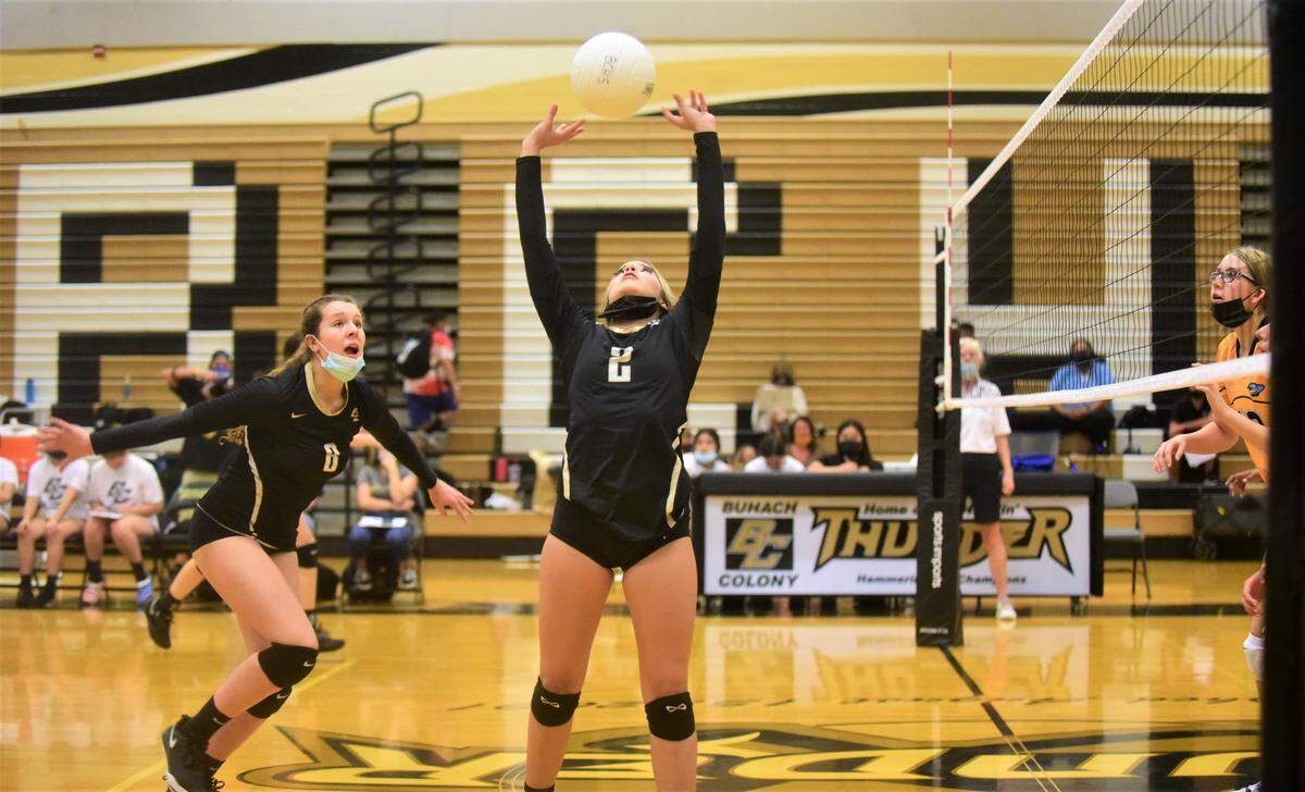 Buhach Colony senior setter Jaylin Pinasco sets the ball during a match against El Capitan on Tuesday, Sept. 21, 2021 in Atwater, Calif.