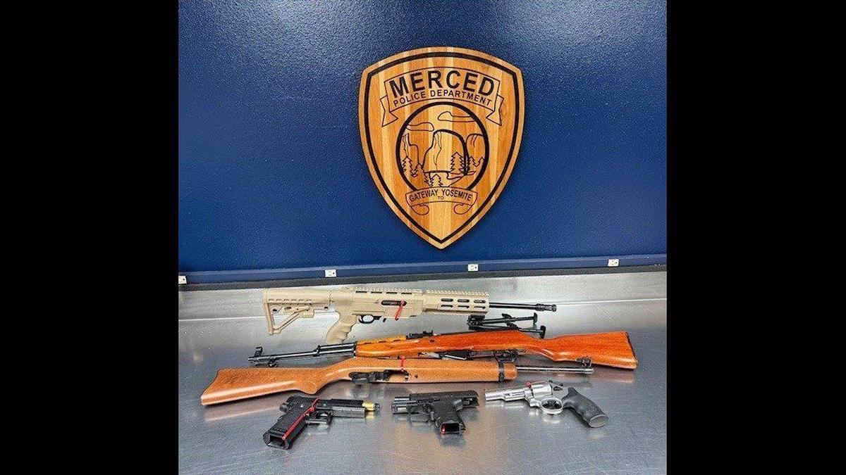 A 16-year-old and his father were arrested Monday, after the Merced Police Department investigated an alleged school shooting threat at a Merced County high school. Police said investigators searched the juvenile’s home and located six unsecured firearms. Image courtesy of Merced Police Department.