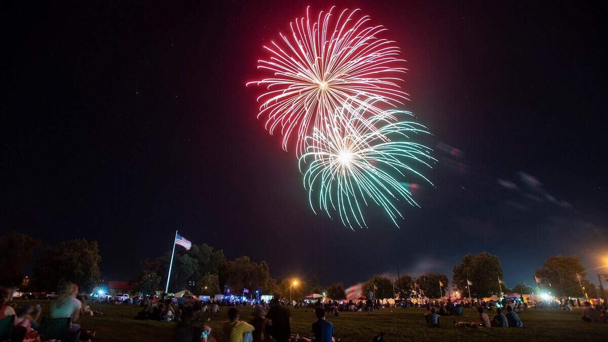 Fireworks explode in the night sky during a Fourth of July concert and fireworks show in 2021 at the former Castle Air Force Base in Atwater.