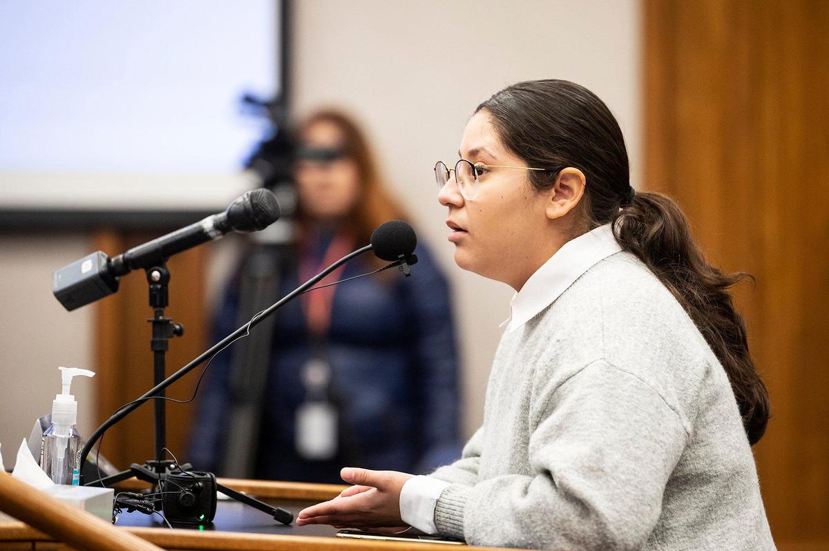 Zaray Ramirez, a policy advocate with the Leadership Council for Justice and Accountability, speaks during the Merced County Board of Supervisors meeting in Merced, Calif., on Tuesday, Feb. 28, 2023. Planada residents and community advocates who attended the meeting said the county isn’t doing enough to help the community of Planada following devastating flooding which damaged homes and forced thousands to evacuate.