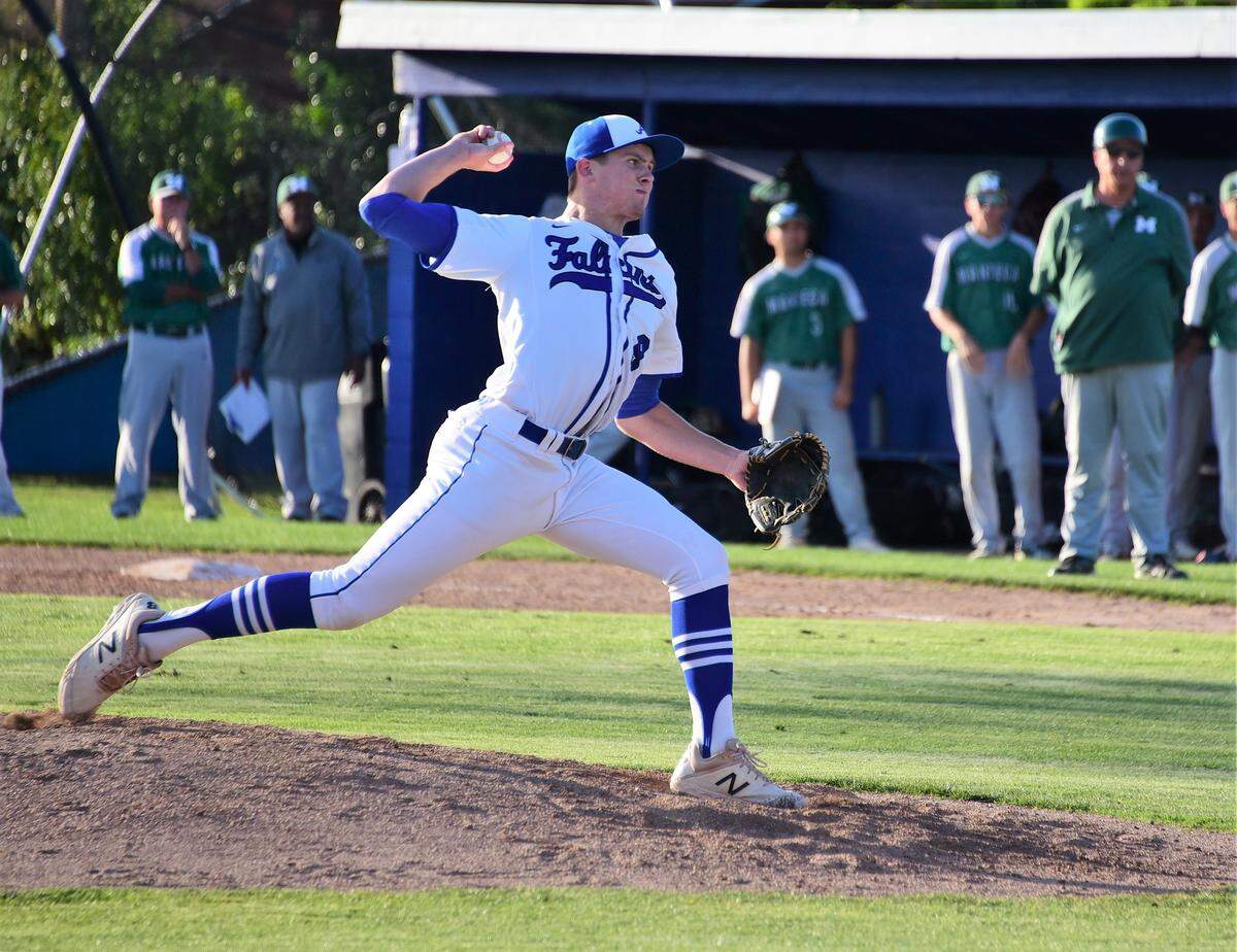 Atwater High junior Jacob Weiss delivers a pitch against Manteca during the Sac-Joaquin Section Division III playoffs. Weiss threw a complete game to pick up a 2-1 win.