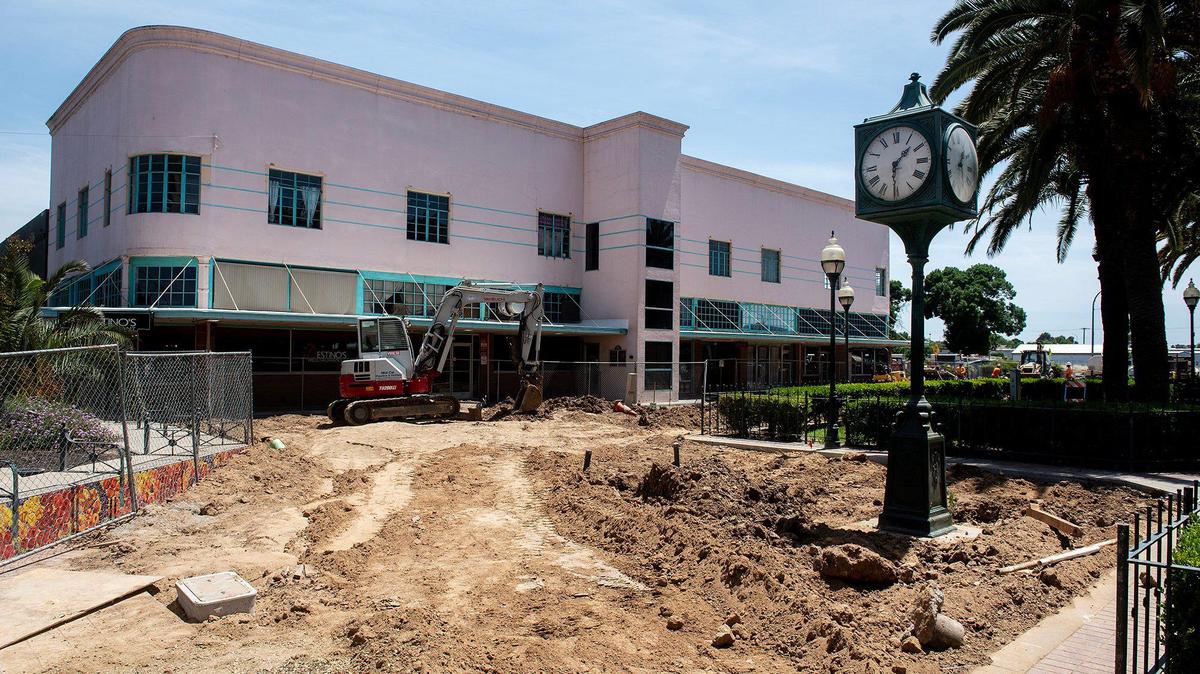 Construction continues at Bob Hart Square in Merced, Calif., on Friday, May 16, 2025. According to the City of Merced, the renovation to the square will include an extended plaza-like design, the addition of trees, a seating area and a stage.