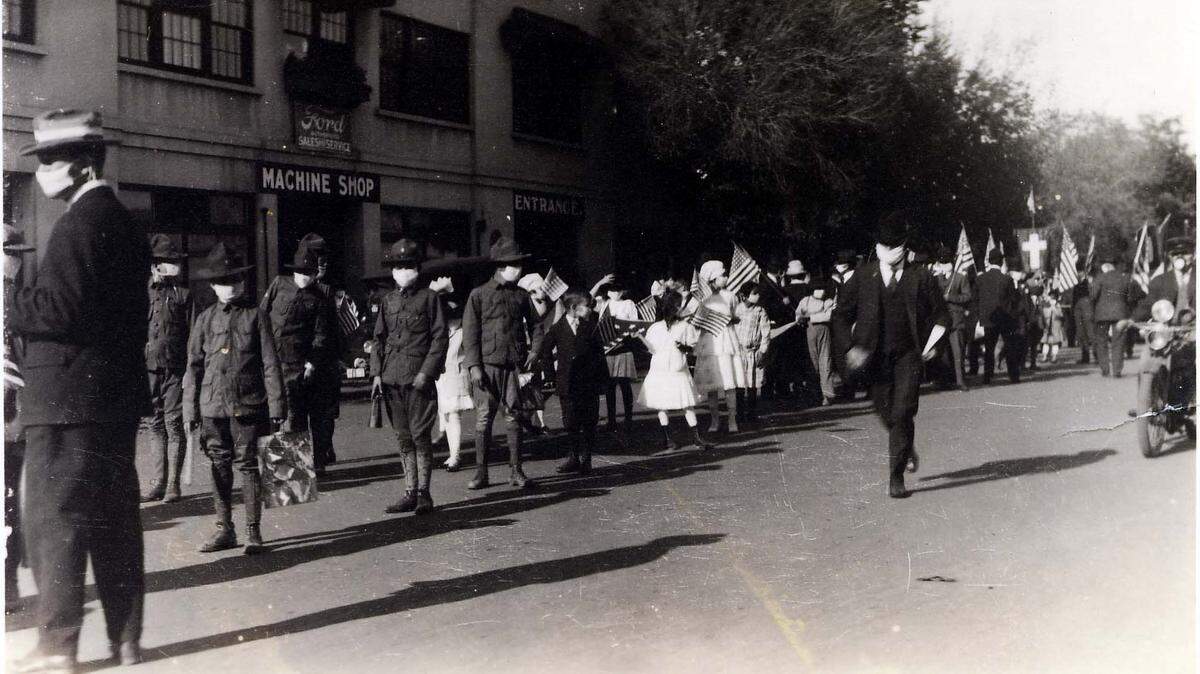 As the United States was coming out of World War I, the nation was deep into the 1918 influenza epidemic. Merced citizens including children and boy scouts celebrated Armistice Day in a “flu fashion.”