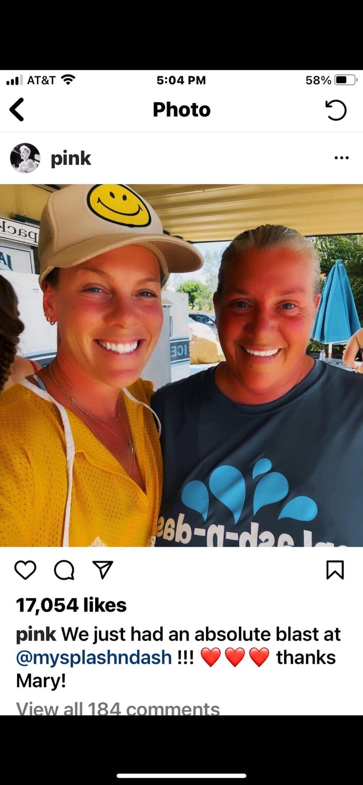 The singer Pink uploaded an Instagram post Thursday, June 9, 2022, stating that she had an “absolute blast” at the Splash-n-Dash aquatic park at Merced County’s Lake McClure.