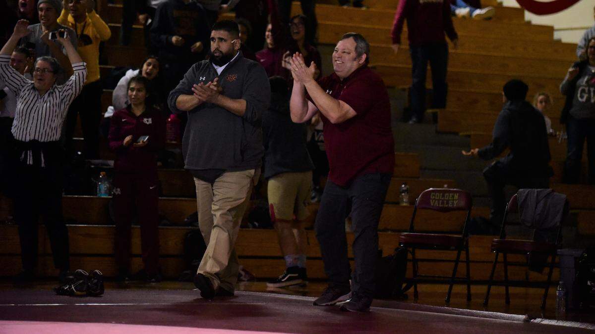 Golden Valley wrestling coach Chopper Mello reacts after watching his son Jaret Mello win in overtime against El Capitan on Tuesday, Jan. 28, 2020 at Cougar Arena.