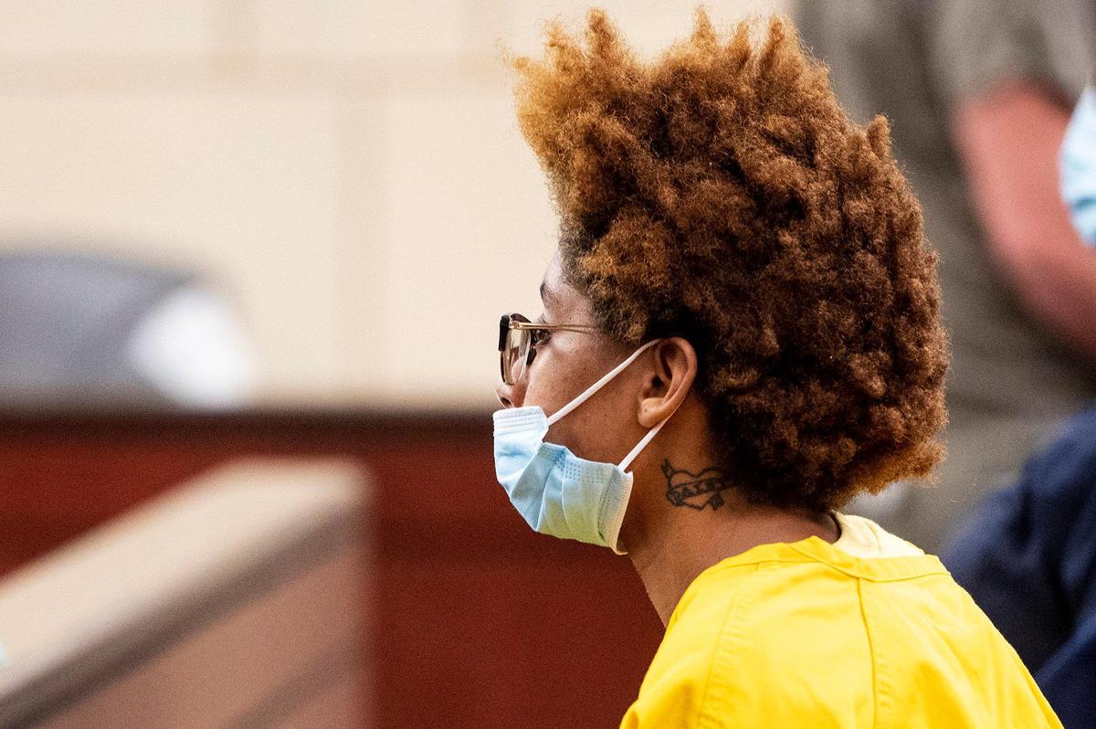 Samantha Johnson, 30, appears before Judge Ronald Hansen at the Merced County Superior Courthouse in Merced, Calif., on Monday, March 28, 2022. Johnson faces felony murder and child abuse charges after her 8-year-old daughter Sophia Mason, was found dead inside a Merced home on March 11.