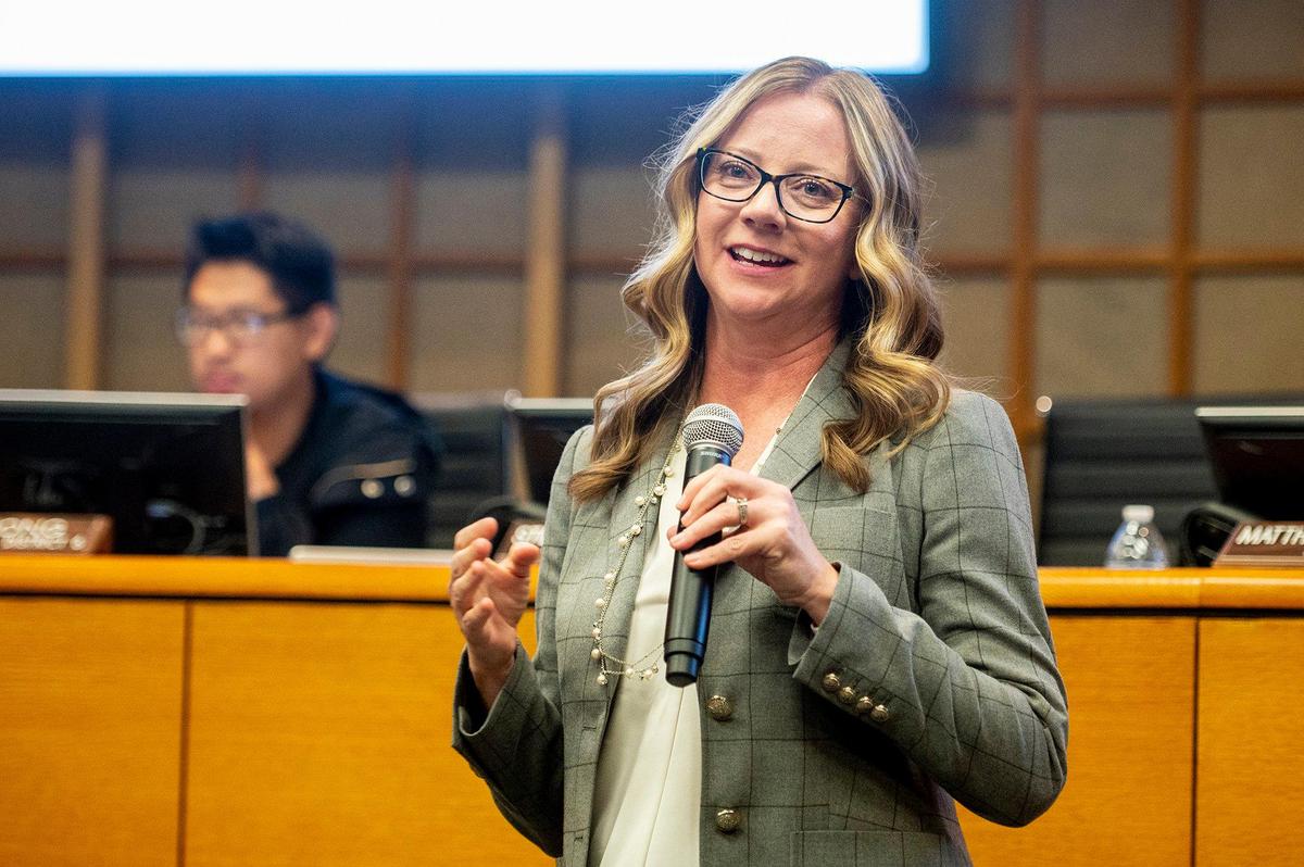 Outgoing City Manager Stephanie Dietz speaks during a ceremony at the Merced City Council meeting in Merced, Calif., on Monday, Nov. 6, 2023. During the meeting, Mayor Matthew Serratto swore in new City Manager Scott McBride.