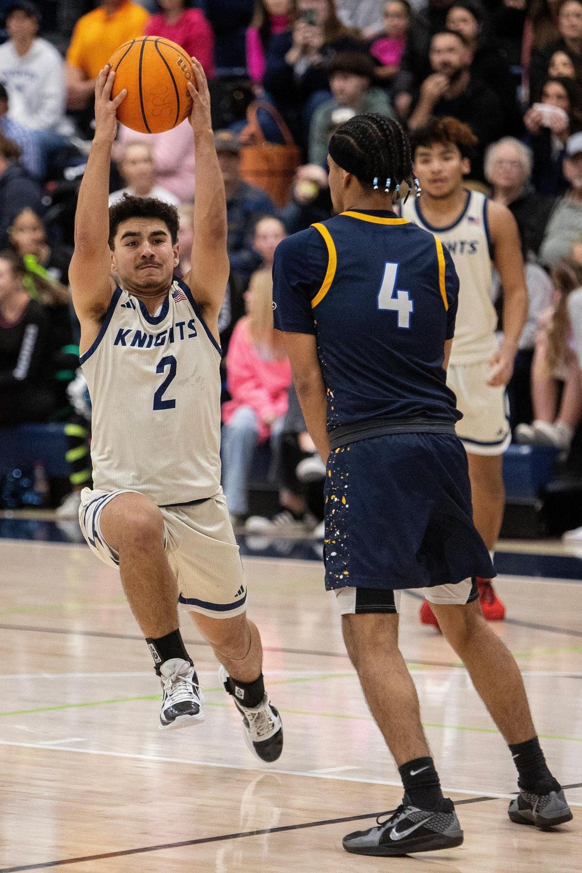 Stone Ridge Christian senior Jaiden Sahota (2) drives the basket during a CIF NorCal Division VI playoff game against Point Arena at Stone Ridge Christian High School in Merced County, Calif., on Wednesday, March 5, 2025. The Knights beat the Pirates 71-60.