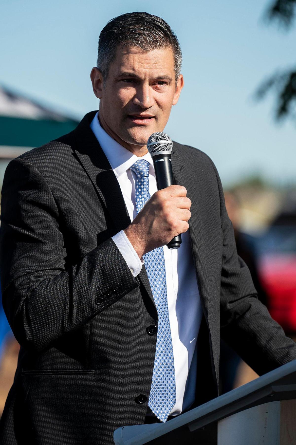 City of Merced Mayor Matthew Serratto speaks during a groundbreaking ceremony at Community Park 42 which is slated to become a regional sports complex in Merced, Calif., on Wednesday, July 26, 2023. The nearly 40 acre park which is located at the corner of Mission Avenue and Tyler Road in south Merced, will feature soccer and football fields as well as basketball courts, tennis courts, pickle ball courts and a futsal court, according to the city. The park will also feature restroom facilities, concessions, pavilions, playgrounds and a walking path.