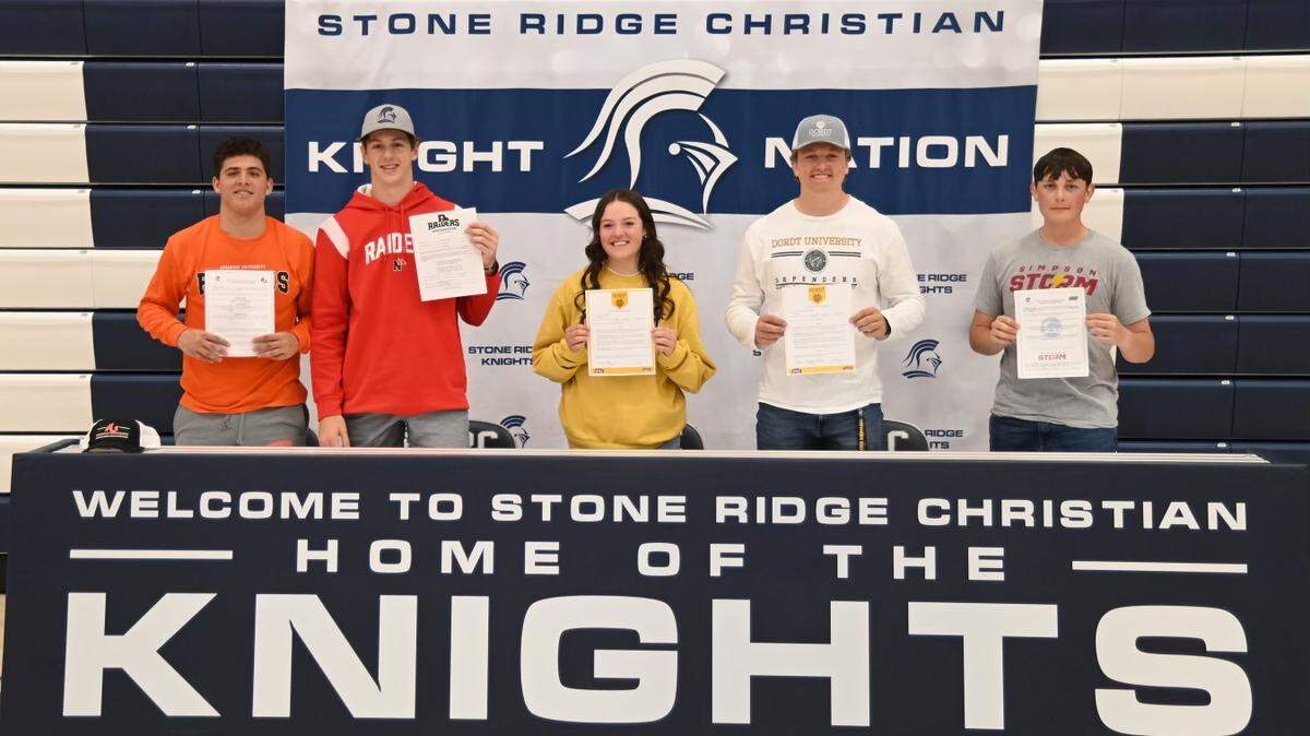 Stone Ridge Christian High School celebrated five athletes signing their national letters of intent to accept scholarships to four-year colleges. From left to right, Noah Lund, Max Friedman, Alyssa Villa, Michael Vander Woude and Bradley Saylor.
