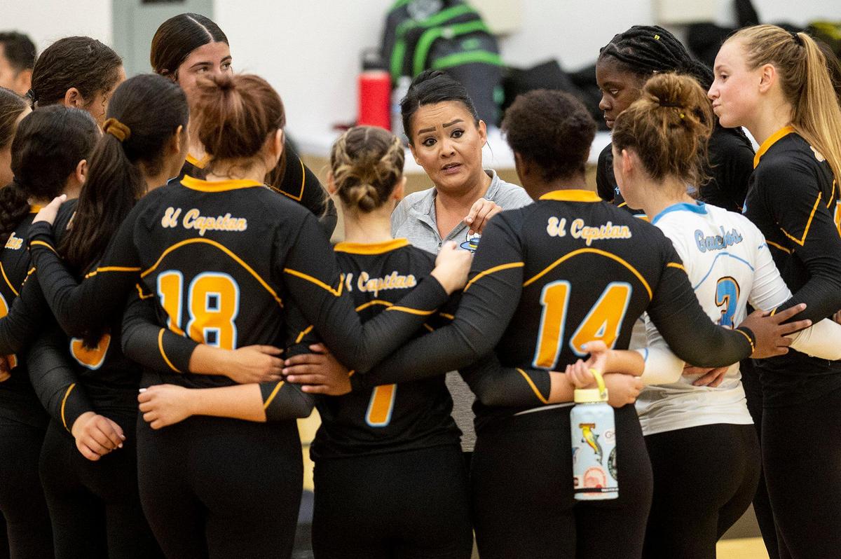 El Capitan varsity head coach Chela Moreno speaks to her team during a match against Merced at Merced High School in Merced, Calif., on Wednesday, Oct. 4, 2023. The Gauchos swept the Bears 3-0.