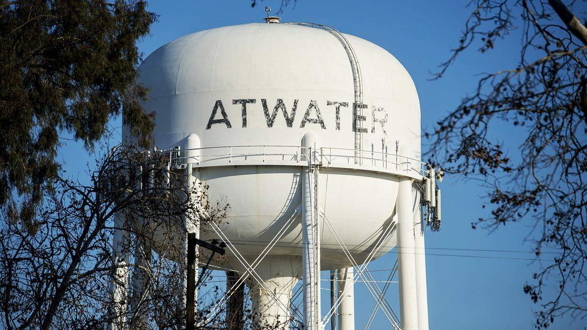 The water tower along Cedar Avenue in Atwater, Calif. is shown here. The Atwater City Council voted this week to send  a letter to Gov. Newsom, asking him to lift COVID-19 restrictions, which they say has negatively impacted small businesses. 