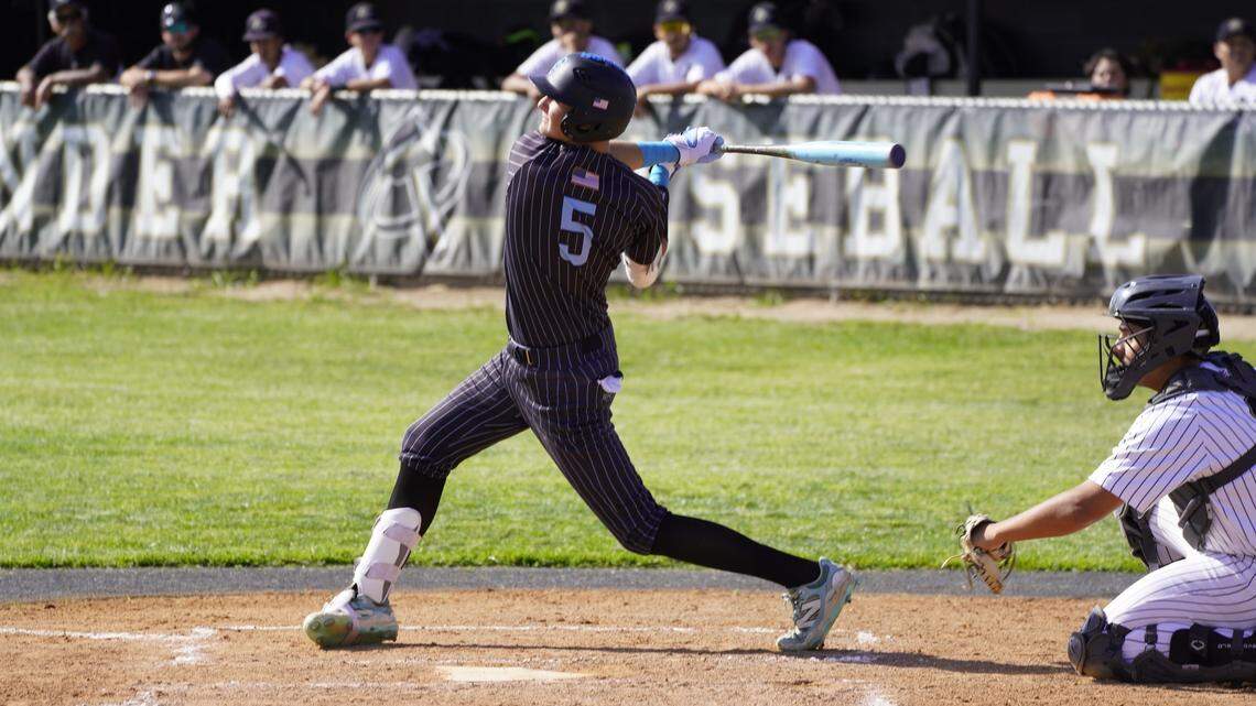 El Capitan High’s Brennan Casey swings away during a 14-3 win over Buhach Colony on April 15, 2026.