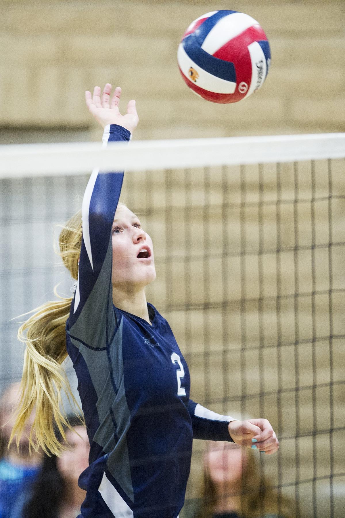 Stone Ridge Christian junior Maartje Vander Dussen (2), shown here last season against Forest Lake Christian, finished with 13 kills and 32 digs to help lead the Knights to a 3-0 win over Big Valley Christian on Tuesday night.