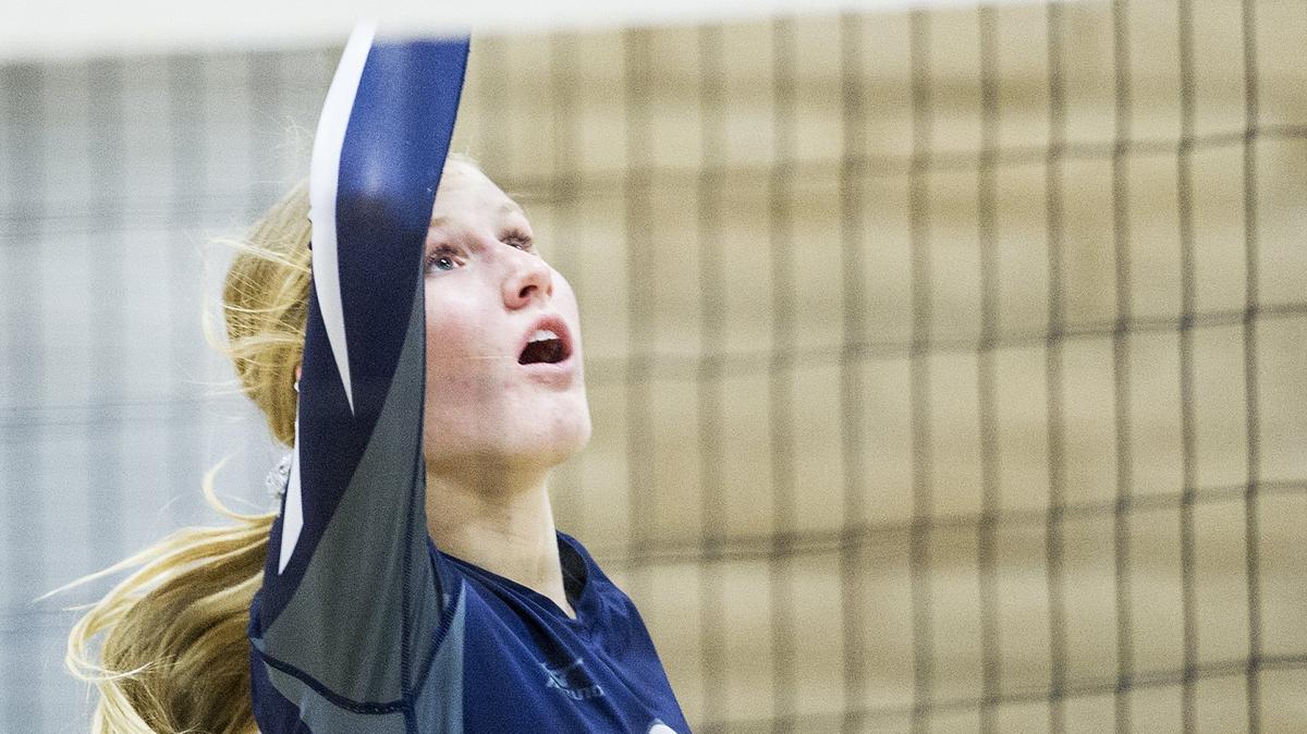 Stone Ridge Christian sophomore Maartje Vander Dussen (2) tips the ball over the net during a match against Forest Lake Christian in the CIF NorCal Division VI Regional Championship at First Baptists Merced in Merced, Calif., on Tuesday, Nov. 13, 2018. The Knights beat the Falcons 3-0.