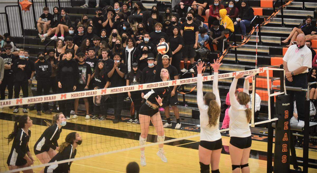 Merced High senior Kendall Parker hits the ball during a match against Buhach Colony on Tuesday, Oct. 19, 2021.