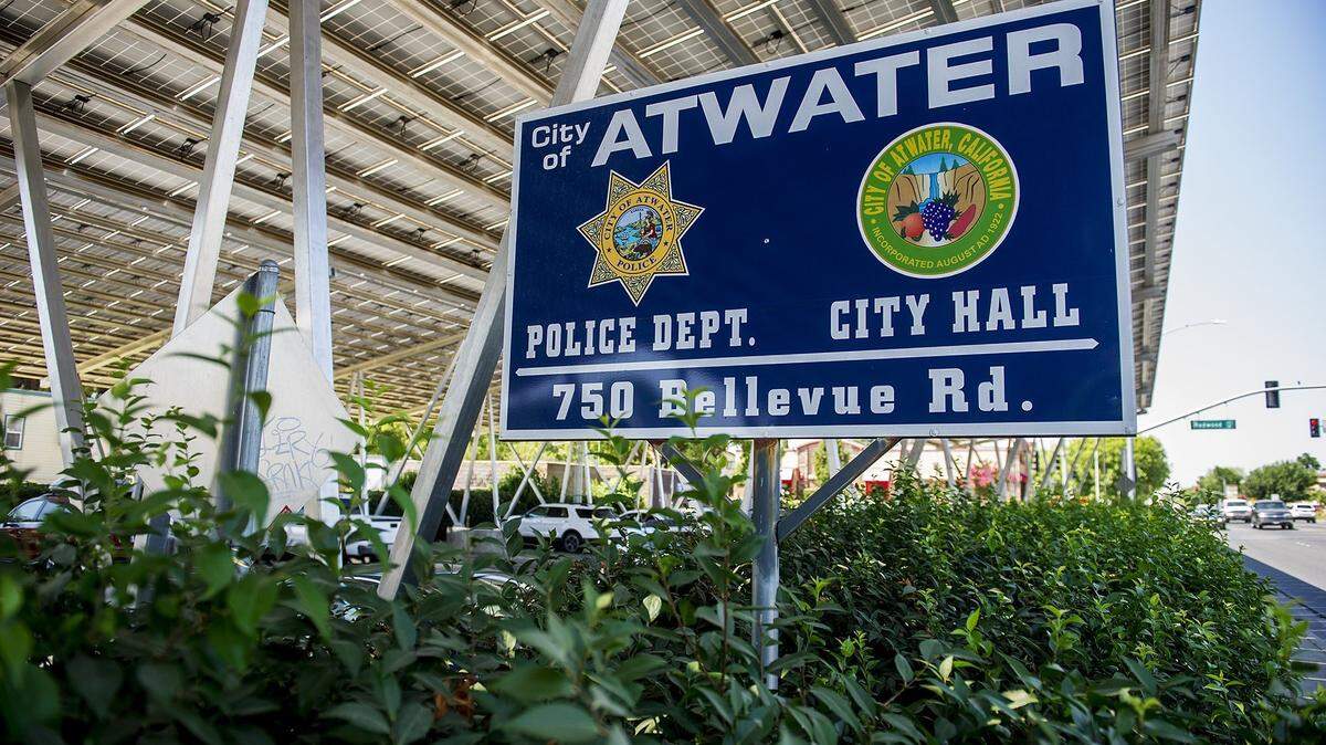 A sign for Atwater City Hall and Police Department is seen along Bellevue Road in Atwater, Calif., on Tuesday, Aug. 14, 2018