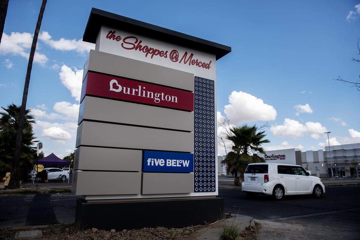 A Five Below placard located on a Shoppes at Merced sign in Merced, Calif., on Friday, Oct. 3, 2025. 