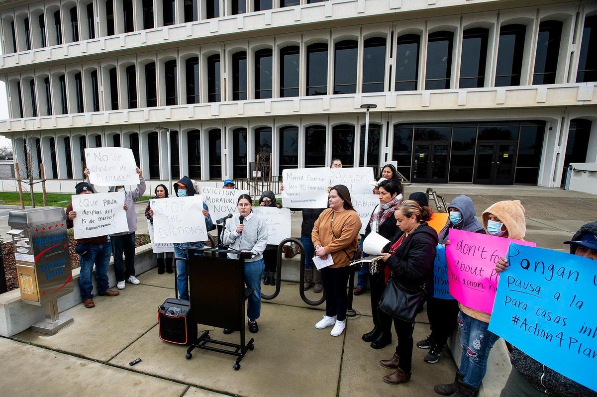 Zaray Ramirez, a policy advocate with the Leadership Council for Justice and Accountability, speaks during a news conference outside the Merced County Administration Building prior to the Merced County Board of Supervisors meeting in Merced, Calif., on Tuesday, Feb. 28, 2023. Planada residents and community advocates who attended the meeting said the county isn’t doing enough to help the community of Planada following devastating flooding which damaged homes and forced thousands to evacuate.