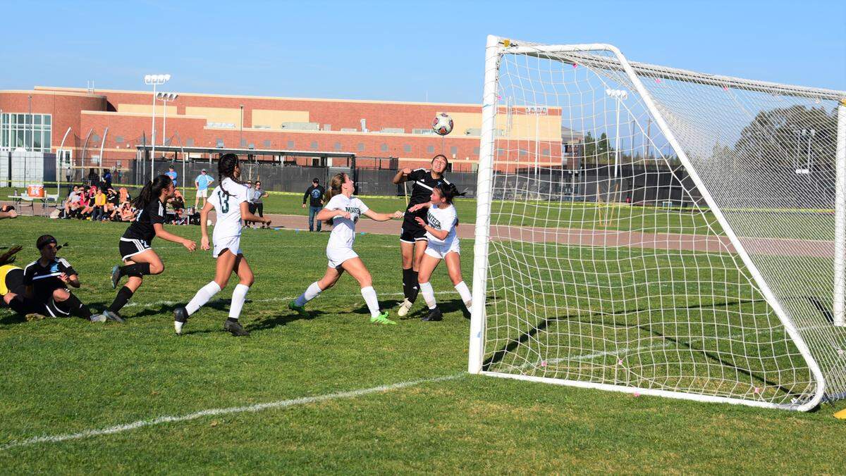 El Capitan High freshman Juliet Ramos heads in a goal to give the Gauchos a 1-0 lead over Manteca in the first half of the Sac-Joaquin Section Division III semifinal match on Tuesday, Feb., 25, 2020 at El Capitan HIgh School.