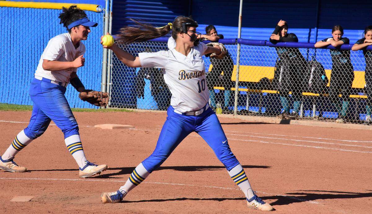 Dos Palos High senior Janessa Jasso delivers a pitch during the Broncos’ 11-0 win over Mendota. Jasso recorded her 1,000th career strikeout during the game at Dos Palos High in Dos Palos, Calif.