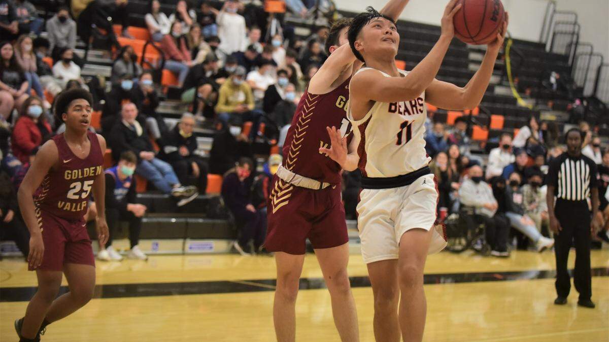 Merced senior Gabe Celzo goes up for a shot during a game against Golden Valley during a game on Friday, Jan. 21, 2022 at Merced High School in Merced, Calif.