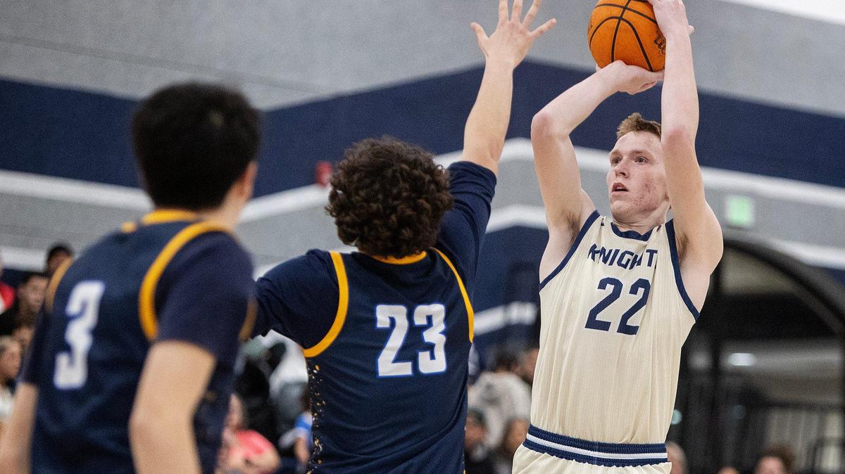 Stone Ridge Christian sophomore Tyler McCabe (22) attempts a jump shot during a CIF NorCal Division VI playoff game against Point Arena at Stone Ridge Christian High School in Merced County, Calif., on Wednesday, March 5, 2025. The Knights beat the Pirates 71-60.