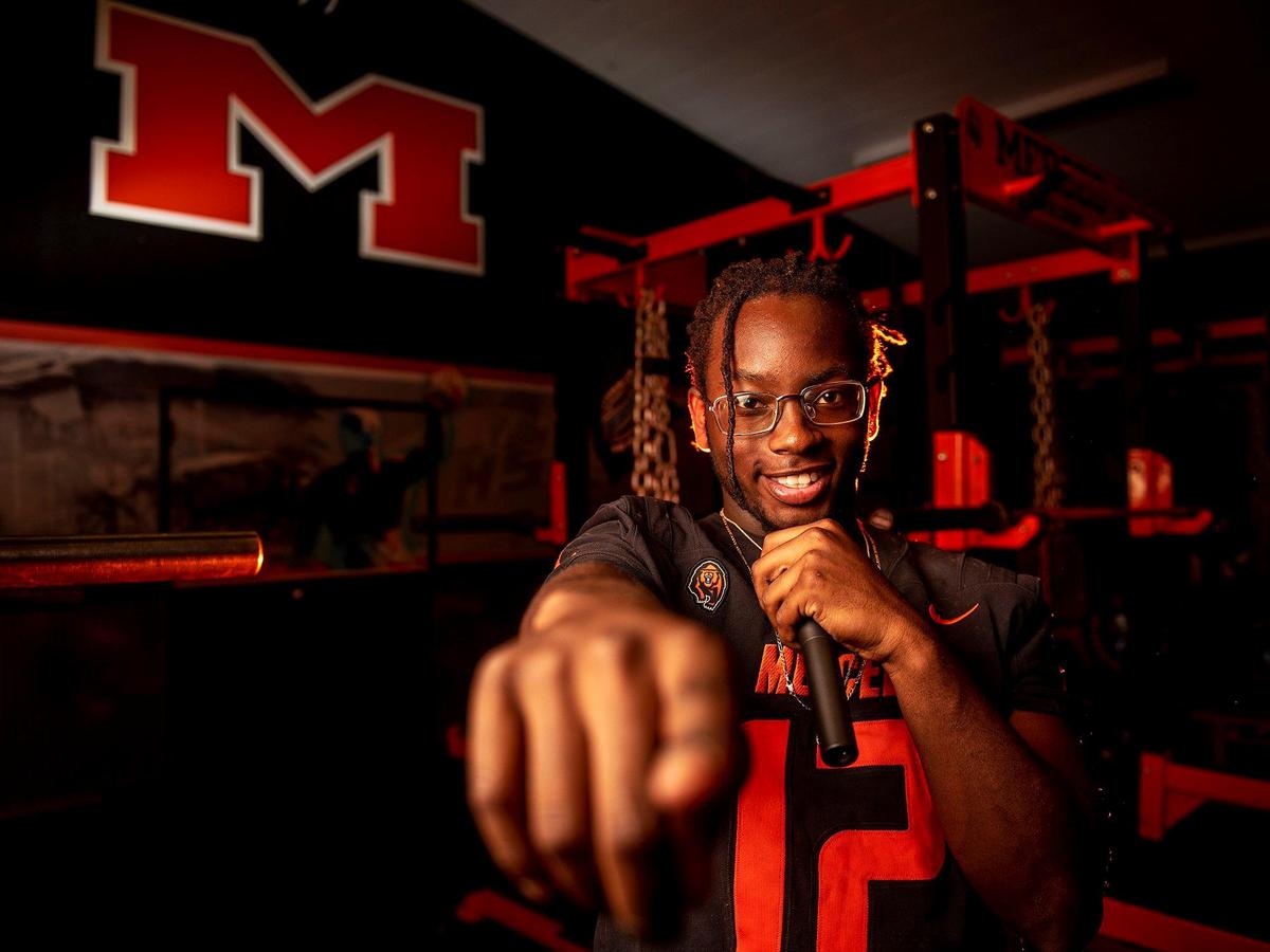 Merced High School senior linebacker Malachi Martin, 17, in the school’s weight room in Merced, Calif., on Wednesday, Sept. 27, 2023. Martin, who raps under the name “Itz Mali,” has performed in shows throughout California.