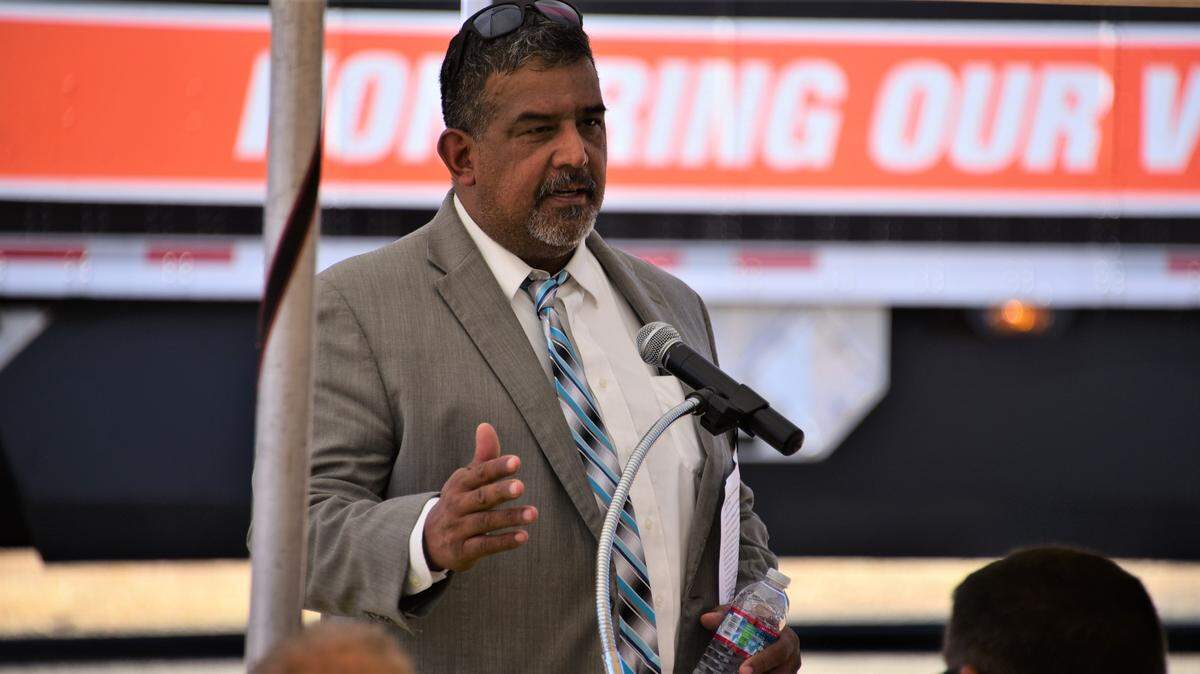 Chowchilla City Councilmember John Chavez speaks during the groundbreaking ceremony on Friday, Aug. 19, 2022 for a $150 million AutoZone distribution center. Chavez was the city’s mayor at the time.