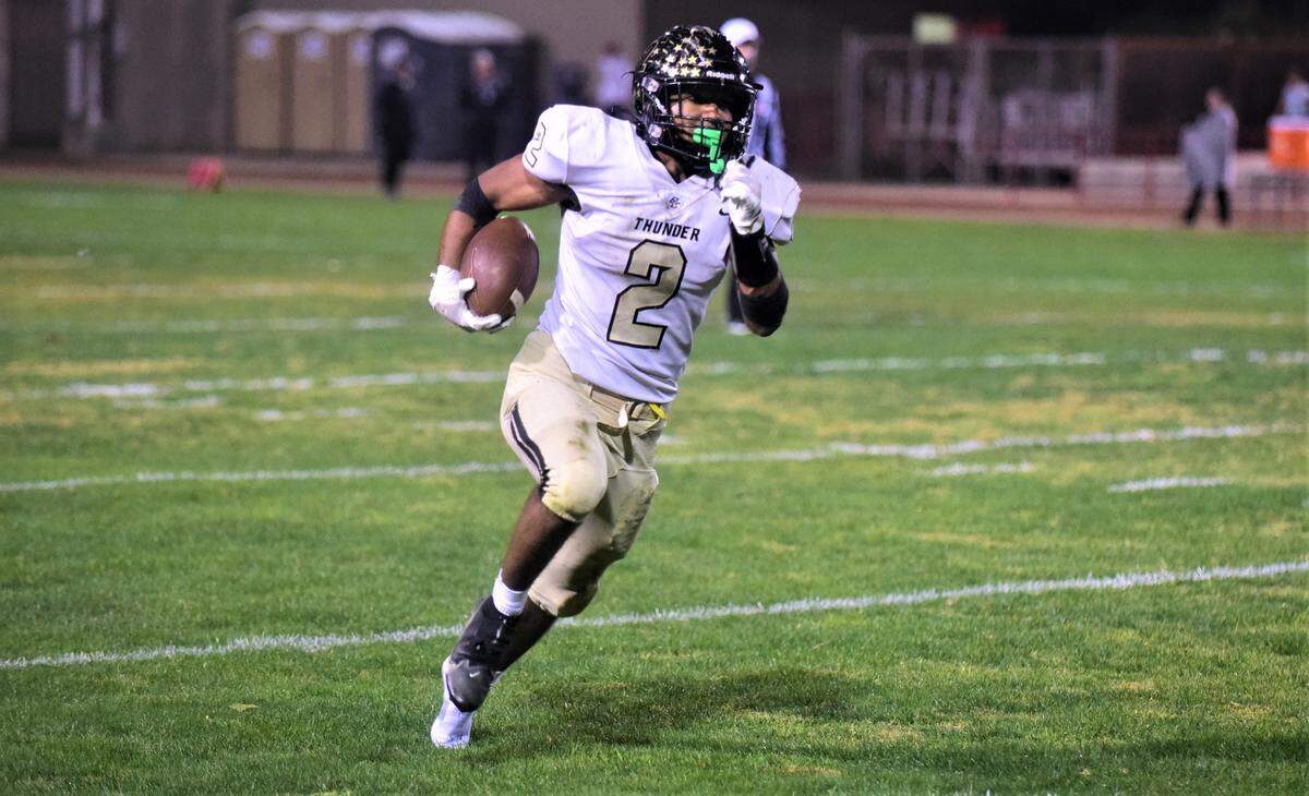 Buhach Colony High School senior Jaxson Percoats set a school record with 346 rushing yards during the Thunder’s 64-48 playoff victory on Friday, Nov. 4, 2022 at Loftin Stadium in Los Banos, Calif.