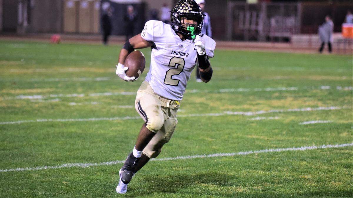 Buhach Colony High School senior Jaxson Percoats set a school record with 346 rushing yards during the Thunder’s 64-48 playoff victory on Friday, Nov. 4, 2022 at Loftin Stadium in Los Banos, Calif.