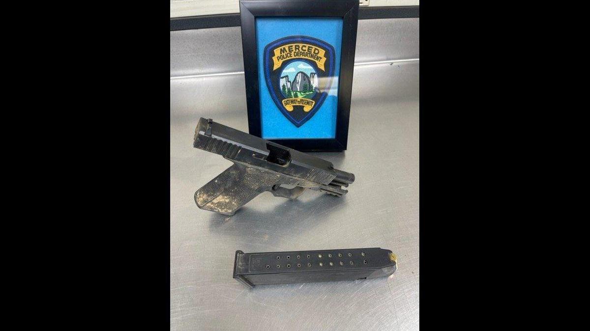 A driver and passenger were arrested on suspicion of weapons charges and gang enhancements following a traffic stop in which an officer said he found a loaded and unserialized gun in the area, according to the Merced Police Department. Image courtesy of Merced Police Department.