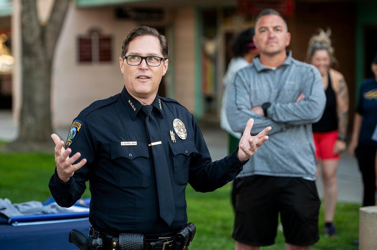Merced Interim Police Chief Craig Gundlach speaks to fellow law enforcement officers prior to the Law Enforcement Torch Run for Special Olympics Northern California in Merced, Calif., on Thursday, June 15, 2023.