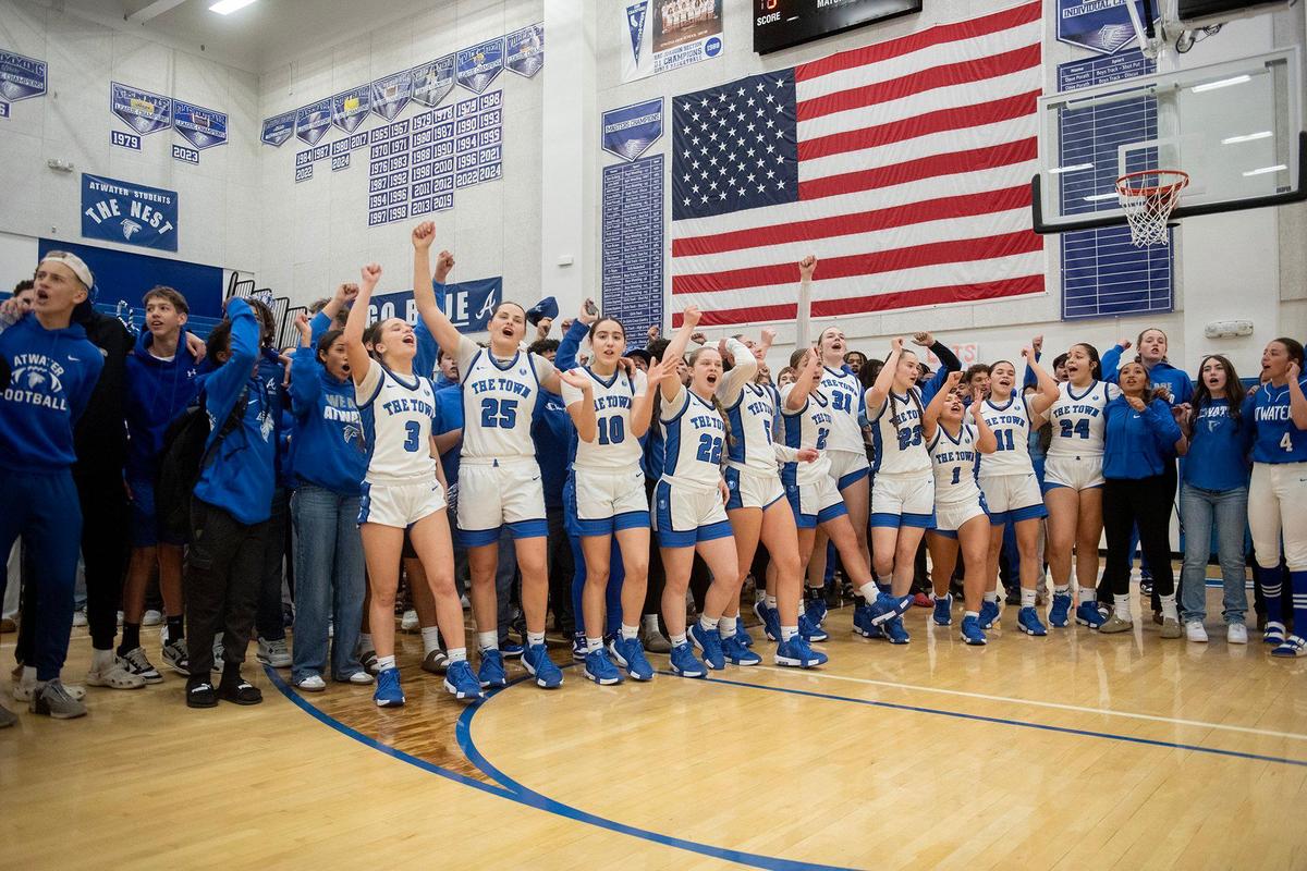 The Atwater Falcons celebrate a 70-54 win over the Grant Pacers at Atwater High School in Atwater, Calif., on Tuesday, Feb. 25, 2025.