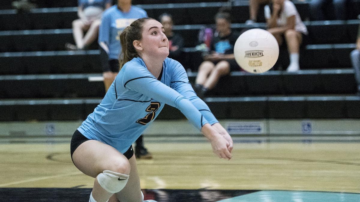 El Capitan senior Paige Martin (3) stretches for the ball during a match against Atwater at El Capitan High School in Merced, Calif., on Wednesday, Aug. 29, 2018. The Gauchos beat the Falcons 3-0.