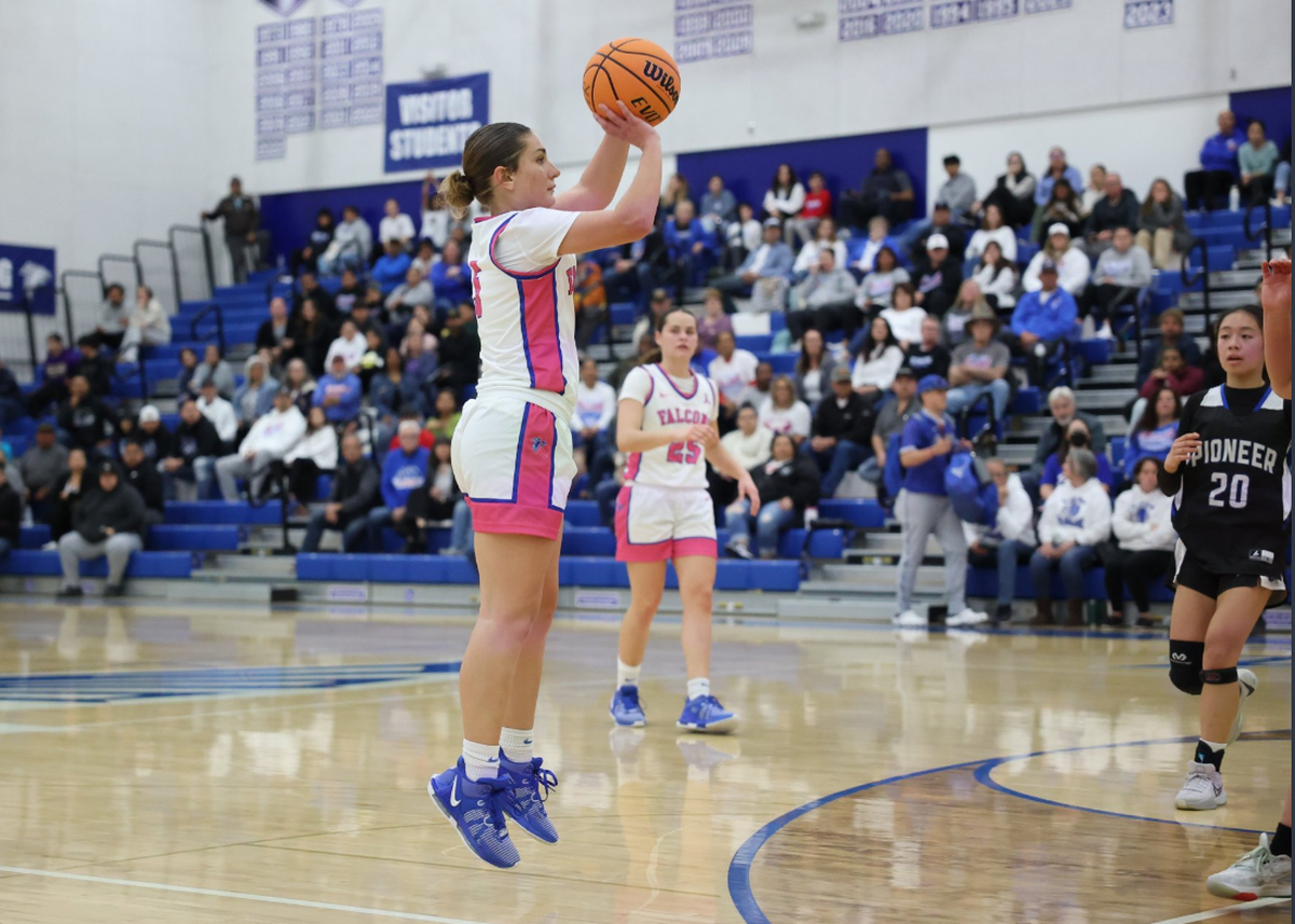 Atwater High junior Jolie Hart (5) goes up for a shot during a game against Pioneer. Hart connected on five 3-pointers and scored 19 points in the Falcons’ 74-48 victory on Tuesday, Feb. 27, 2024.