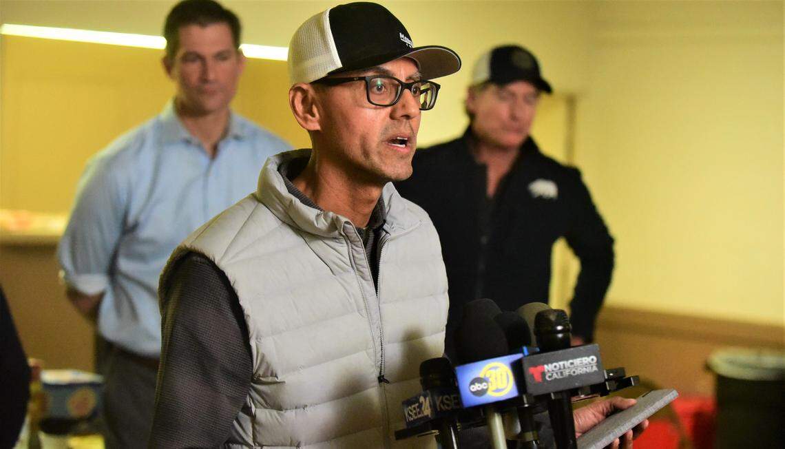 Merced County CEO Raul Lomeli Mendez speaks to reporters about the recent storms and flooding that have hit Merced County during a press conference at the evacuation center set up at the Merced County Fairgrounds on Saturday, Jan. 14, 2023.