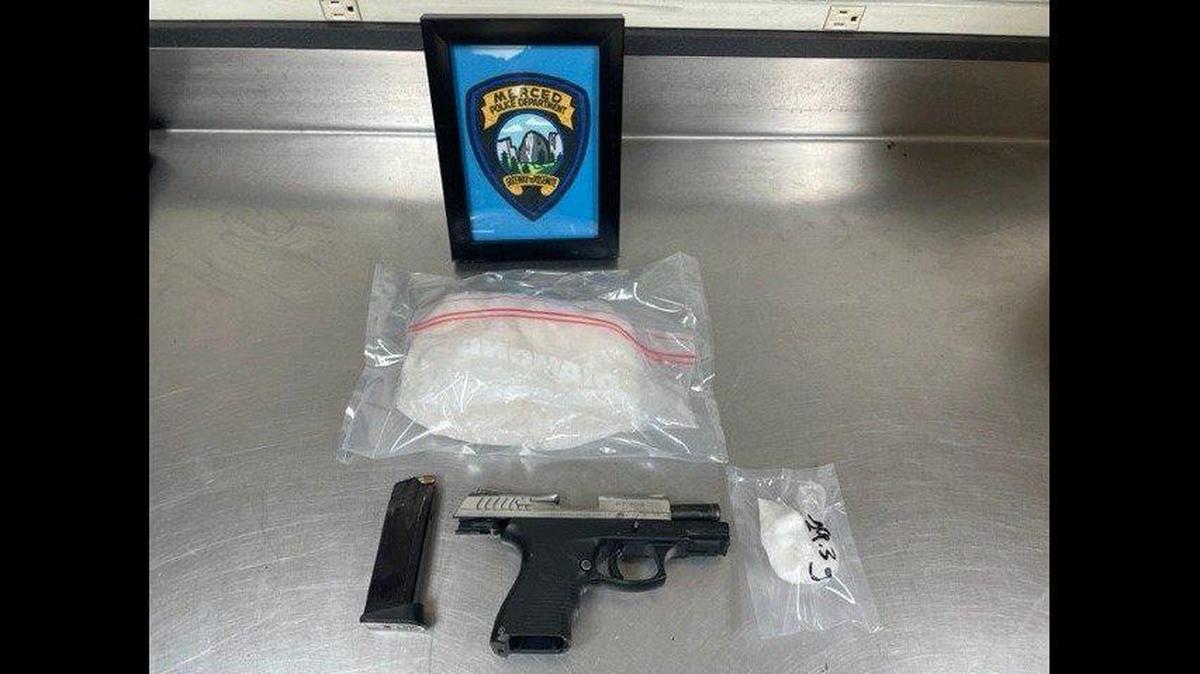 Merced Police Department Gang Violence Suppression Unit officers found a gun and narcotics during the arrest of a man with an outstanding warrant in Merced on Saturday, according to the Merced Police Department. Image courtesy of Merced Police Department.
