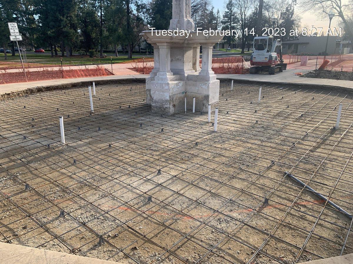 The historic Laura Fountain located in Applegate Park during a restoration project in Merced, Calif., on Tuesday, Feb. 14, 2023. Image courtesy of the City of Merced.