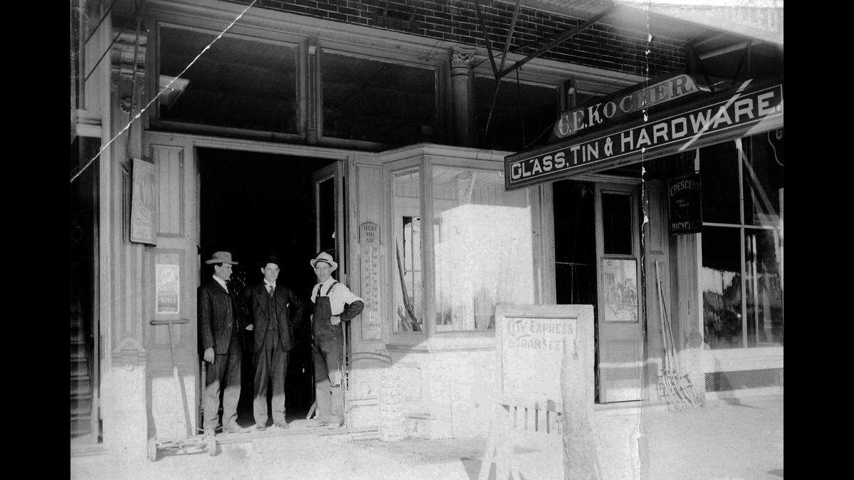 C.E. Kocher’s Glass, Tin & Hardware Store on Front Street, or 16th Street, circa 1900.