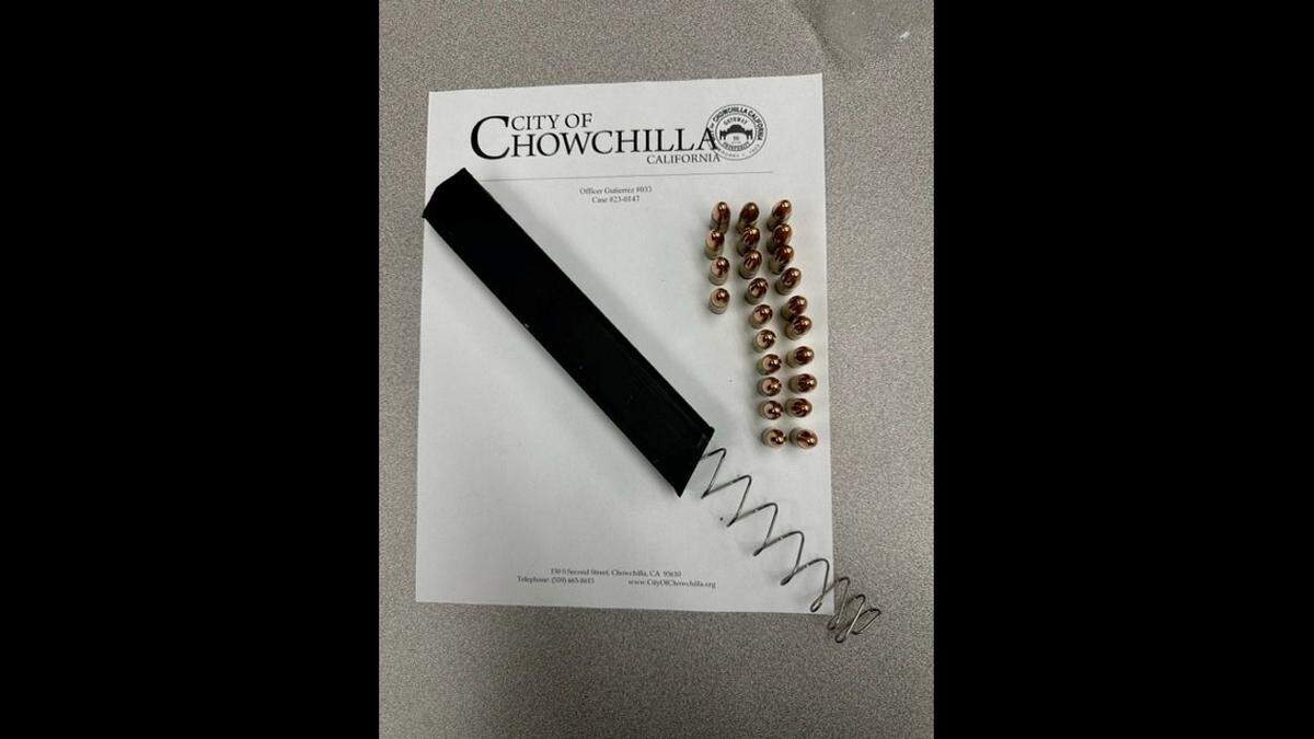 Two men on parole were arrested Monday, after they tried running from officers responding to a call of suspicious persons allegedly attempting to break into a vehicle in the 200 block of Myer Drive in Chowchilla, according to the Chowchilla Police Department. Police said the men discarded items they had on them while running from the officers. Officers located a loaded and unregistered Glock 19 gun as well as multiple extended magazines and ammunition. Image courtesy of Chowchilla Police Department.