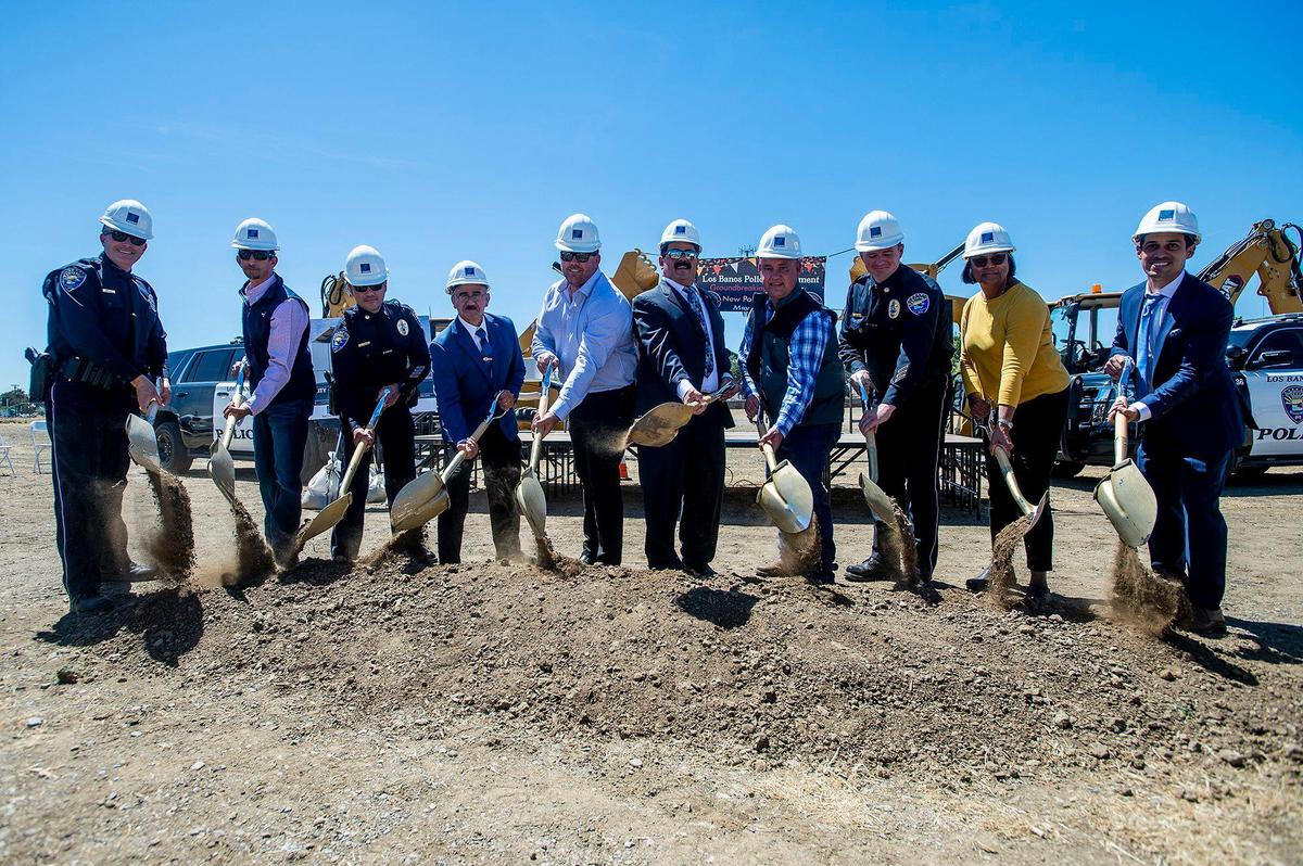 Ground is broken for the new Los Banos police station during a ceremony in Los Banos, Calif., on Thursday, May 19, 2022. The site is located at 1111 G Street.