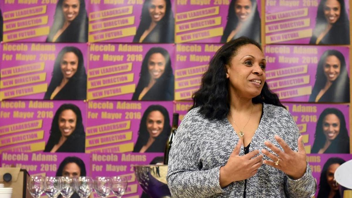 Necola Adams speaks to supporters Wednesday, Feb. 3, 2016, during her mayoral campaign kickoff. Candidates have begun filing and reporting campaign contributions.