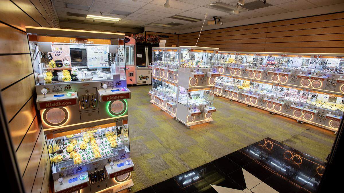 Claw machines filled with plush toys at the Kiddleton arcade, located inside the Marketplace at Merced in Merced, Calif., on Friday, Aug. 8, 2025. 