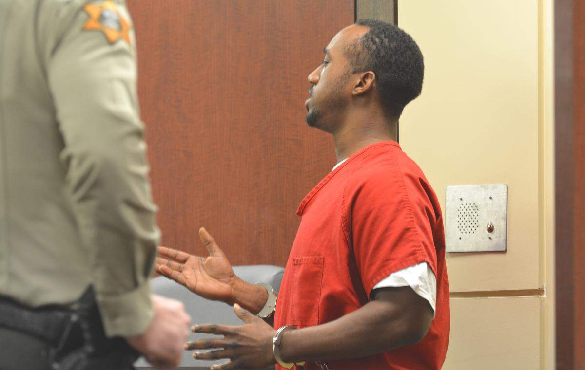 James Collins Martin, 28, of Oakland, argues with Merced County Superior Court Judge Jeanne Schechter during an arraignment hearing on charges alleging he killed Lajawn Cokley, a Merced resident, during a home invasion robbery.
